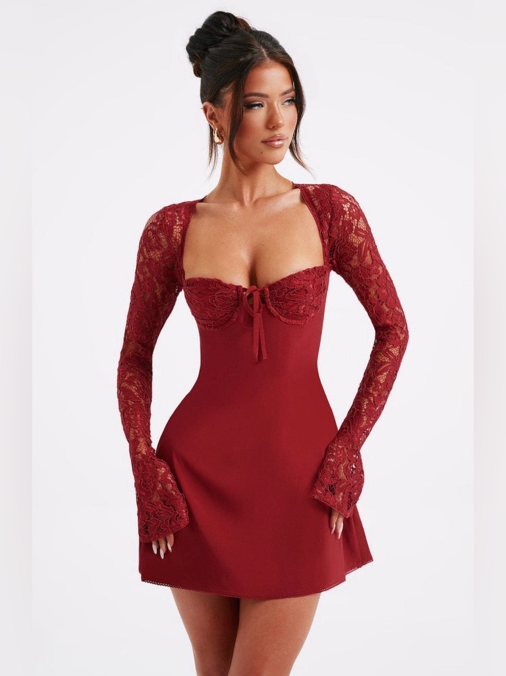 Lace-Sleeve Mini Dress in Burgundy